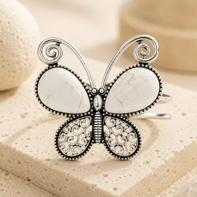 Fashnzfab Natural Stone Butterfly Hinged Bracelet In Silver