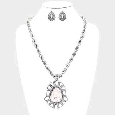 Fashnzfab Natural Stone Centered Antique Metal Pendant Necklace In Silver