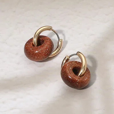 Fashnzfab Natural Stone Charm Mini Hoop Earrings In Brown