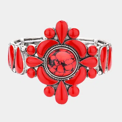 Fashnzfab Natural Stone Embellished Stretch Bracelet - Red, Silver Burnished