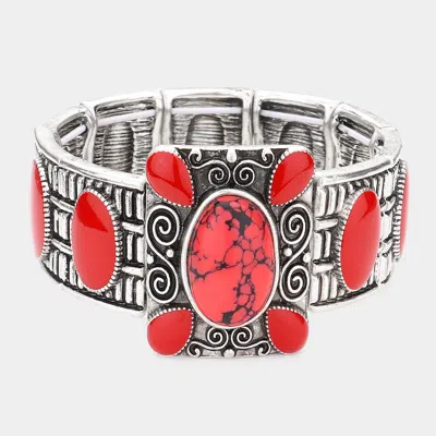 Fashnzfab Natural Stone Embellished Stretch Bracelet - Red, Silver Burnished In Multi
