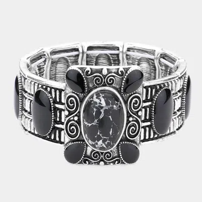 Fashnzfab Natural Stone Embellished Stretch Bracelet Black, Silver Burnished In Multi