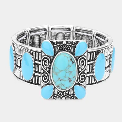 Fashnzfab Natural Stone Embellished Stretch Bracelet Silver Burnished, Turquoise In Multi