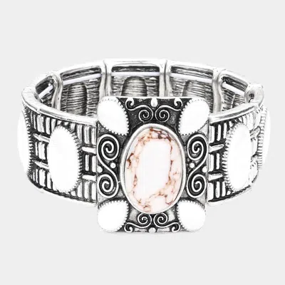 Fashnzfab Natural Stone Embellished Stretch Bracelet Silver Burnished, White In Multi