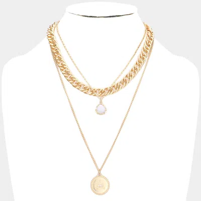 Fashnzfab Natural Stone Evil Eye Detailed Metal Round Pendant Triple Layered Necklace In Brown