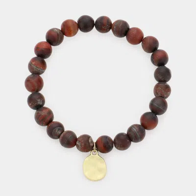 Fashnzfab Natural Stone Hammered Metal Charm Stretch Bracelet In Brown