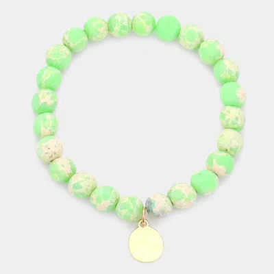 Fashnzfab Natural Stone Hammered Metal Charm Stretch Bracelet In Green