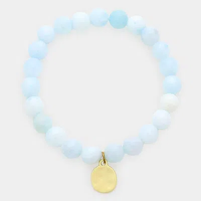 Fashnzfab Natural Stone Hammered Metal Charm Stretch Bracelet Light Blue