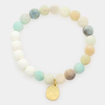 Fashnzfab Natural Stone Hammered Metal Charm Stretch Bracelet Mint In Blue