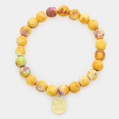 Fashnzfab Natural Stone Hammered Metal Charm Stretch Bracelet Mustard In Gold