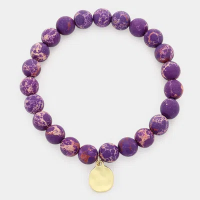 Fashnzfab Natural Stone Hammered Metal Charm Stretch Bracelet Purple In Gold