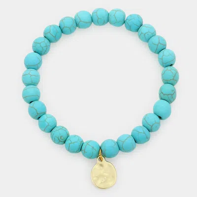 Fashnzfab Natural Stone Hammered Metal Charm Stretch Bracelet Turquoise In Blue