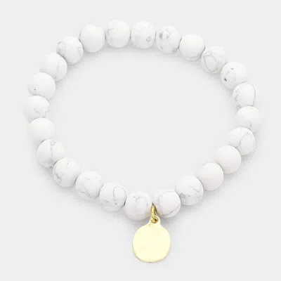 Fashnzfab Natural Stone Hammered Metal Charm Stretch Bracelet White