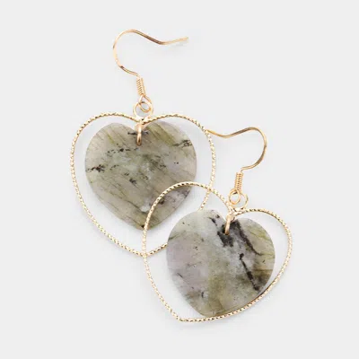 Fashnzfab Natural Stone Heart Accented Open Metal Heart Layered Dangle Earrings In Gold