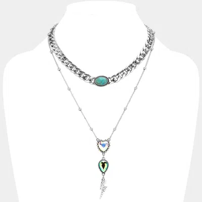 Fashnzfab Natural Stone Heart Stone Lightning Pendant Pointed Layered Necklace In Metallic