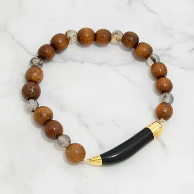 Fashnzfab Natural Stone Horn Tusk & Wood Pearl Strand Stretch Bracelet In Gold