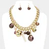 Fashnzfab Natural Stone Metal Ball Pearl Coral Link Statement Necklace In Brown