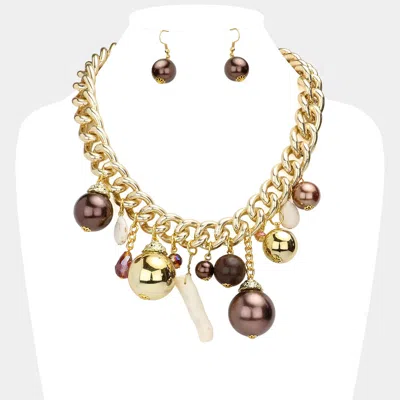 Fashnzfab Natural Stone Metal Ball Pearl Coral Link Statement Necklace In Brown