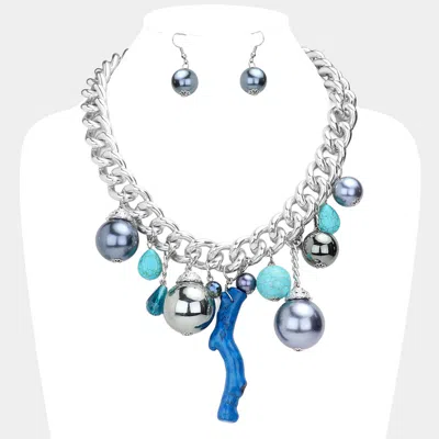 Fashnzfab Natural Stone Metal Ball Pearl Coral Link Statement Necklace In Metallic