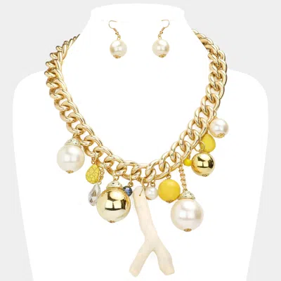 Fashnzfab Natural Stone Metal Ball Pearl Coral Link Statement Necklace In Gold