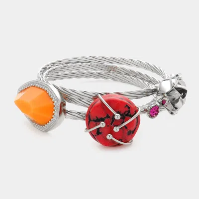 Fashnzfab Natural Stone Metal Flower Bangle Bracelet Coral In Metallic