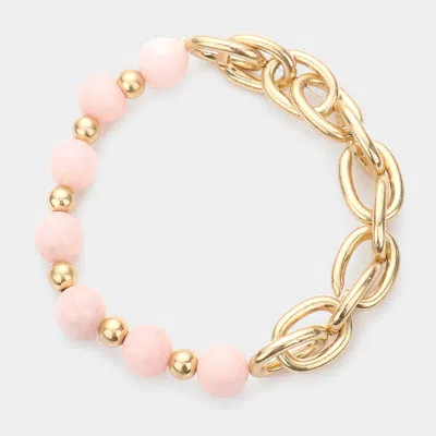 Fashnzfab Natural Stone Open Metal Oval Link Stretch Bracelet Pink