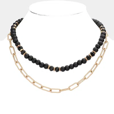 Fashnzfab Natural Stone Paperclip Metal Chain Layered Necklace In Black