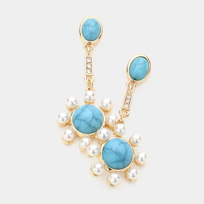 Fashnzfab Natural Stone Pearl Embellished Dangle Earrings - Turquoise In Gold