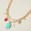 Fashnzfab Natural Stone Pearl Metal Coin Stone Cluster Charm Station Double Layered Necklace In Green