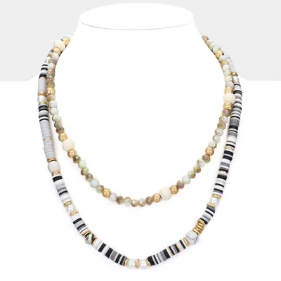 Fashnzfab Natural Stone Pearl Wood Pointed Faceted Heishi Beaded Double Layered Necklace In Gray