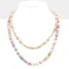 Fashnzfab Natural Stone Pearl Wood Pointed Faceted Heishi Beaded Double Layered Necklace In Pink