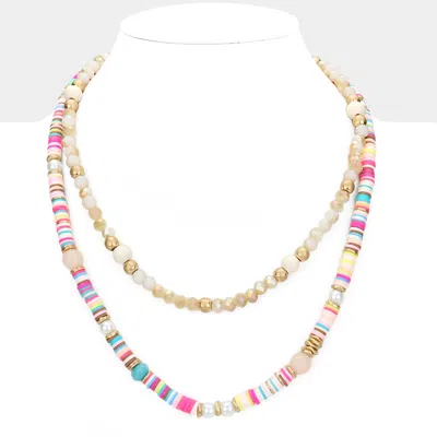 Fashnzfab Natural Stone Pearl Wood Pointed Faceted Heishi Beaded Double Layered Necklace In Pink