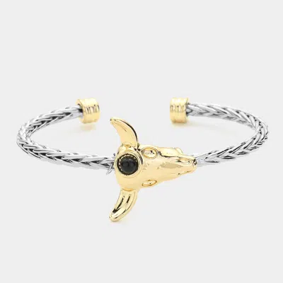 Fashnzfab Natural Stone Pointed Bull Head Cuff Bracelet Jet Black, Two Tone In Multi