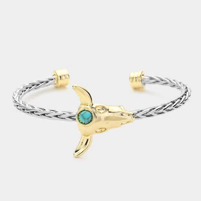 Fashnzfab Natural Stone Pointed Bull Head Cuff Bracelet Turquoise, Two Tone In Multi