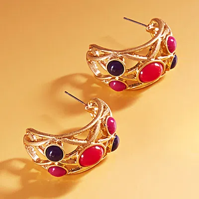 Fashnzfab Natural Stone Pointed Hollow Out Chunky Hoop Earrings - Burdy In Gold