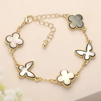 Fashnzfab Natural Stone Quatrefoil Butterfly Link Bracelet Gray