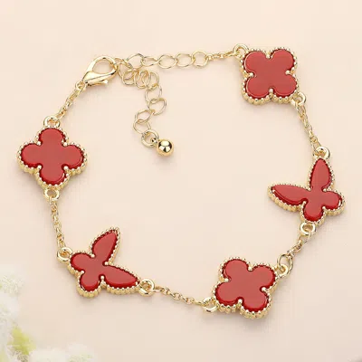 Fashnzfab Natural Stone Quatrefoil Butterfly Link Bracelet Red