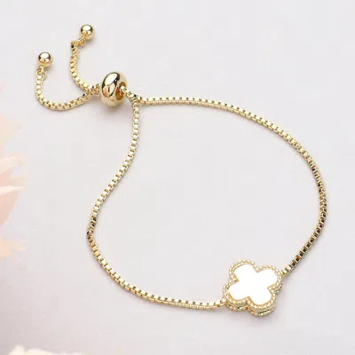 Fashnzfab Natural Stone Quatrefoil Cluster Pointed Adjustable Cinch Pull Tie Bracelet - Gold, White In Multi