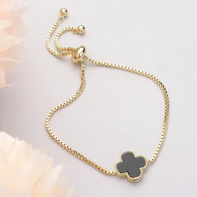 Fashnzfab Natural Stone Quatrefoil Cluster Pointed Adjustable Cinch Pull Tie Bracelet Black, Gold In Silver
