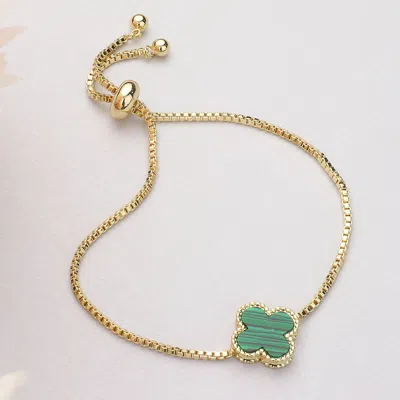 Fashnzfab Natural Stone Quatrefoil Cluster Pointed Adjustable Cinch Pull Tie Bracelet Gold, Green