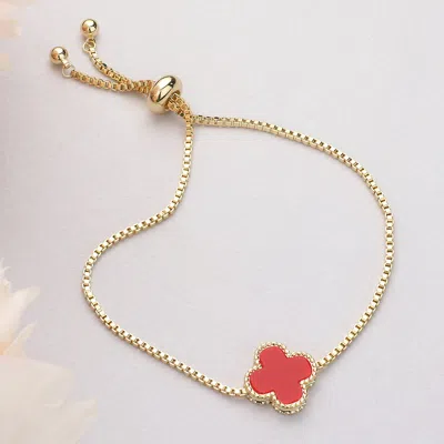 Fashnzfab Natural Stone Quatrefoil Cluster Pointed Adjustable Cinch Pull Tie Bracelet Gold, Red