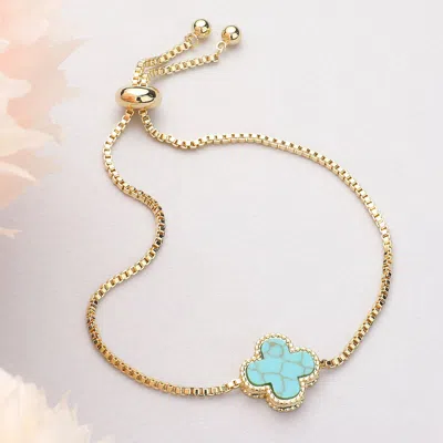 Fashnzfab Natural Stone Quatrefoil Cluster Pointed Adjustable Cinch Pull Tie Bracelet Gold, Turquoise In Blue
