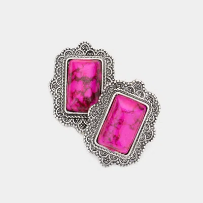 Fashnzfab Natural Stone Rectangle Antique Metal Stud Earrings - Fuchsia, Silver Burnished In Multi