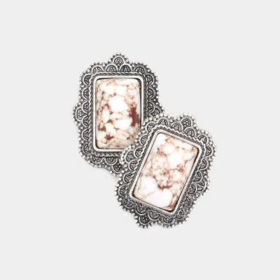 Fashnzfab Natural Stone Rectangle Antique Metal Stud Earrings In Multi