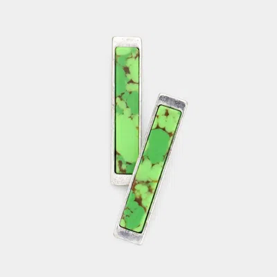 Fashnzfab Natural Stone Rectangle Metal Bar Earrings - Green, Silver Burnished In Multi