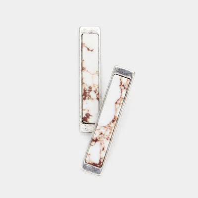 Fashnzfab Natural Stone Rectangle Metal Bar Earrings - Silver Burnished, White In Metallic
