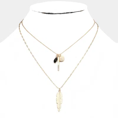 Fashnzfab Natural Stone Rhinestone Metal Bar Feather Pendant Double Layered Necklace In Black