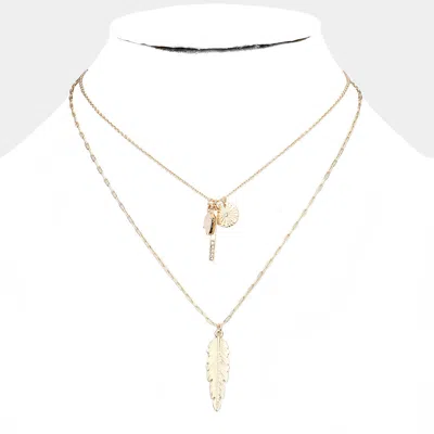 Fashnzfab Natural Stone Rhinestone Metal Bar Feather Pendant Double Layered Necklace In Gold