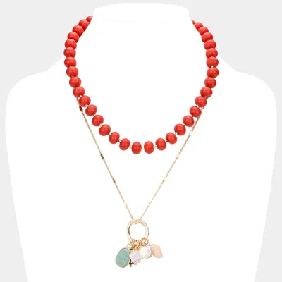 Fashnzfab Natural Stone Shamballa Ball Ship Heel Pendant Double Layered Necklace In Red