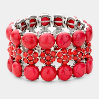 Fashnzfab Natural Stone Stretch Bracelet Red, Silver Burnished In Multi